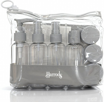 HARRODS 7-in-1 Travel Kit | 4 Bottles + 3 Jars with Spatula | Refillable & Leak-Proof Travel Toiletry Kit(Grey)