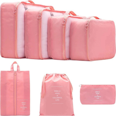 iweike Stylish Organizer 7 Set Packing Cubes Bags - 4 Clothes Space Saving & 3 Pouches Travel Toiletry Kit(Pink)