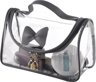 KUBER INDUSTRIES Transparent PVC Bow Design U Shape Chain Toiletry Kit with 30 mm Handle|Grey Travel Toiletry Kit(Grey)