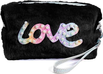HOUSE OF QUIRK Makeup Bag for Faux Fur Purse Zipper Pouch Travel Cosmetic Bag-23X6.9X11 Cm Travel Toiletry Kit(Black)