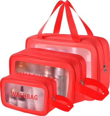 KUBER INDUSTRIES 3 Pcs Set Leather Transparent Makeup Kit Bag for Women with Handle | Red(Red)