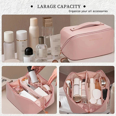 Flywind Travel Makeup Bag, Large Capacity Cosmetic Bags Lay Flat Makeup Bag Travel Toiletry Kit(Pink)