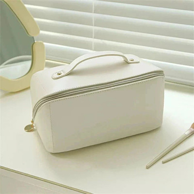 Grilazza Portable Large-Capacity PU Leather Cosmetic Storage Makeup Pouch Organizer Travel Toiletry Kit(Beige)