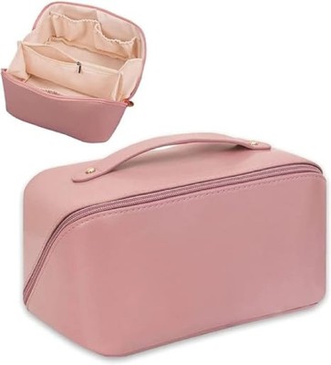 AASAISH Large Capacity Travel Cosmetic Bag, Leather Makeup Bag with Handle and Divider, Travel Toiletry Kit(Pink)