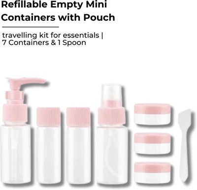 baes club Refillable Empty Mini Containers with Pouch travellingkit 7 Containers & 1 Spoon Travel Toiletry Kit(Pink)
