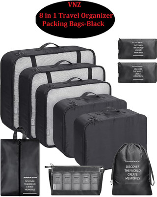 vnz 8-Pcs Travel Organizer Bags for Clothes,Toiletries Space Saver Travel Pouches Travel Toiletry Kit(Black)