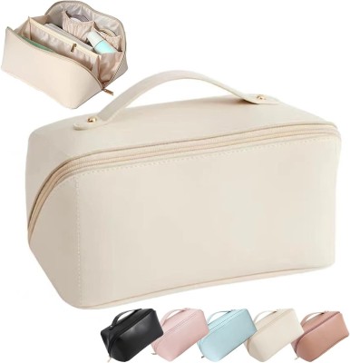 4MYL Large Capacity Travel Cosmetic Bag With Handle & Zipper Leather Makeup Organizer Travel Toiletry Kit(White)