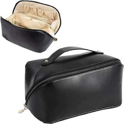 AASAISH Large Capacity Travel Cosmetic Bag, Leather Makeup Bag with Handle and Divider, Travel Toiletry Kit(Black)