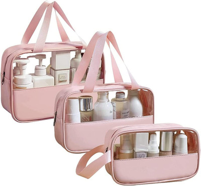PAGALY Clear Transparent Makeup Pouch Set, Cosmetic Organizer Bag Travel Toiletry Kit(Pink)