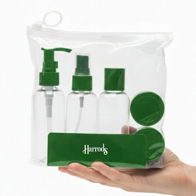 HARRODS 5 - Piece Refillable Bottles & Jars Set (Transparent Pouch, Black Caps) Travel Toiletry Kit(Green)