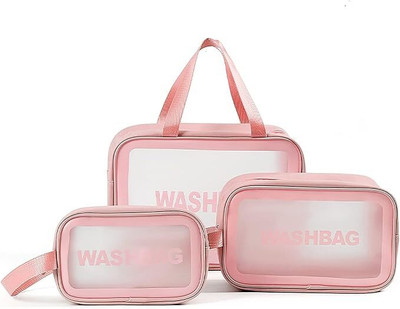 LOVHIDE 3PCS Translucent Toiletry Bag with Handle,Makeup Cosmetic Organizer Bag. Travel Toiletry Kit(Pink)
