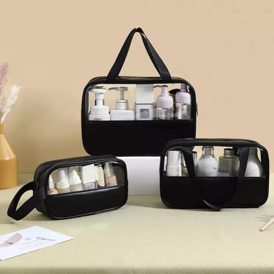 Rossella PVC Zipper Cosmetic Makeup Storage Wash Bag Organizer Carry Pouch Set 3 PCS Travel Toiletry Kit(Black)