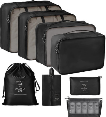 LOVHIDE 8 in 1 Travel Organizer Waterproof Packing Cubes Cosmetic Luggage Storage Bags Travel Toiletry Kit(Black)
