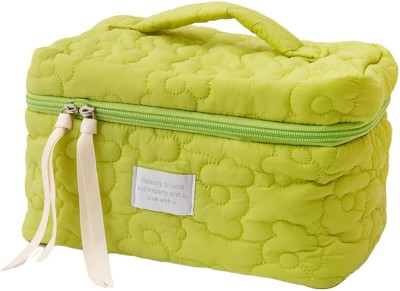 HOUSE OF QUIRK Flower Quilting Cloth Makeup Bag Cosmetic Bag Large Makeup Storage -25X17X16cm Travel Toiletry Kit(Green)
