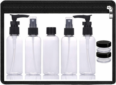 zelovi 7-Pcs Kit 2-Bottles for Pump Liquid 2-Bottle for Spray 1-Flip Top 2-Cream Jars Travel Toiletry Kit(Multicolor)