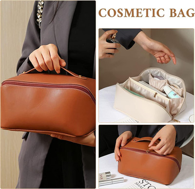 KEETLY Large Capacity Cosmetic Travel Bag, Women's Makeup Travel Bag Portable Leather Travel Toiletry Kit(Brown)