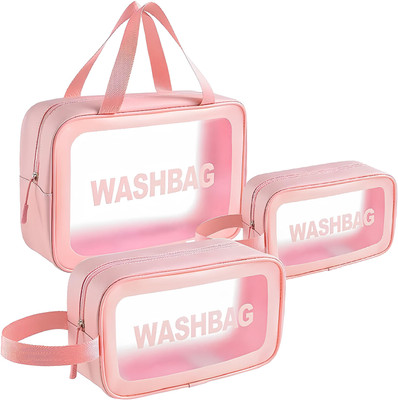 RRK IMPORT AND EXPORT Clear Washbag Combo – Eco-Friendly, Stylish, & Perfect for Travel Organization Organize in style with the RRK Premium Multi-Functional Makeup Pouch Set Vanity Box(Light Pink)