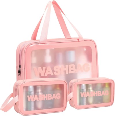 kroywen Travel Cosmetic Bag Clear Makeup Pouch Set Travel Toiletry Wash Bag (Set of 3) Travel Toiletry Kit(Pink)