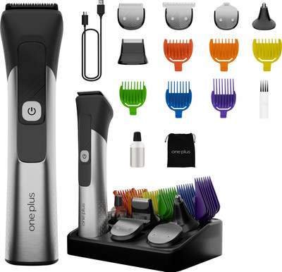 One Plus Pro Cordless Professional 5 in 1 Grooming Kit Titanium coated blade Trimmer 120 min  Runtime 7 Length Settings(Silver)
