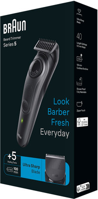 Braun Beard Trimmer 5, BT5420,Hair Clipper, Lifetime Sharp Blades,Waterproof Trimmer 100 min  Runtime 40 Length Settings(Grey)