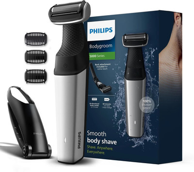 PHILIPS BG5021/15 Fully Waterproof Body Groomer 60 min  Runtime 3 Length Settings(Black, Silver)