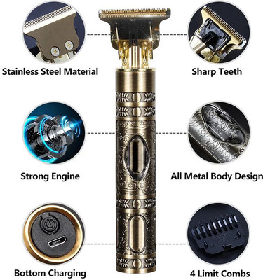 GETTRADE T9 Vintage USB Rechargeable Cordless Electric Beard Trimmer Hair Clippers G16 Trimmer 60 min  Runtime 4 Length Settings(Gold)
