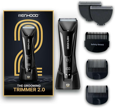 MENHOOD Cordless Grooming Trimmer 2.0 for Men|LED Spotlight|Power Display|2 Fully Waterproof Trimmer 150 min  Runtime 4 Length Settings(Black)
