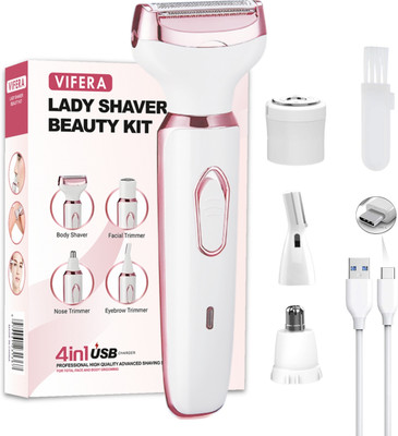 VIFERA Bikini trimmer for women 4 in 1 bikini trimmer for women Fully Waterproof Body Groomer 90 min  Runtime 0 Length Settings(White)