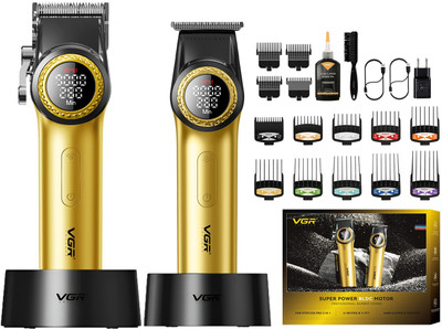 VGR V-001 PRO & V-977 Professional Barber Combo Trimmer 300 min  Runtime 15 Length Settings(Gold)