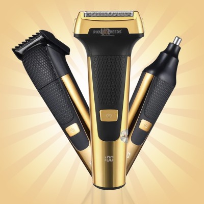 Pick Ur Needs Professional Rechargeable Cordless 3 in1 Waterproof Beard/ Hair/ Nose Trimmer 90 min  Runtime 3 Length Settings(Gold)