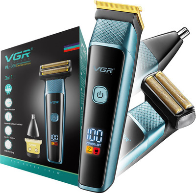 VGR VL-366 Multipurpose 3-in-1 Grooming Kit: Beard Trimmer, Shaver & Nose Trimmer Trimmer 90 min  Runtime 6 Length Settings(Blue)
