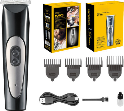 MynxeHTC AT-117 High Quality Men Cordless Hair Clipper High Carbon Steel Machine Lithium Fully Waterproof Trimmer 90 min  Runtime 4 Length Settings(Black)
