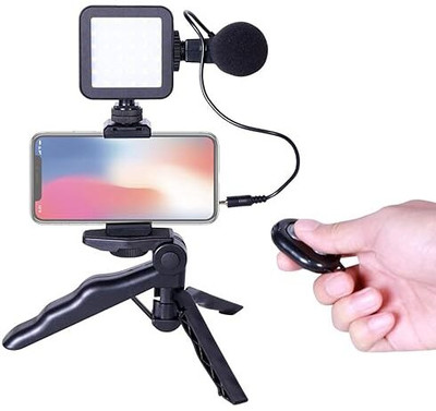 AJFuture Vlogging Kit for Video Making with Bluetooth Remote, Mic, Mini Tripod Stand Monopod Kit(Black, Supports Up to 1000 g)