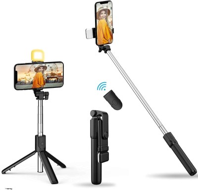 Growtechnohub R1S 3-in-1 Bluetooth Selfie Sticks with Flash, Detachable Wireless Remote G13 Monopod, Tripod, Tripod Kit(Black, Supports Up to 700 g)