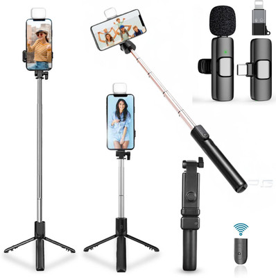 USTINE (Combo with Wireless Lavalier K8 Mic) Selfie Stick with Tripod Stand, Tripod Kit(Black, Supports Up to 1999 g)