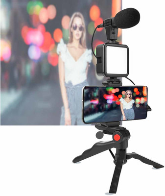 TAJ Vlogging Kit for Video Making Mic Tripod Stand LED Light Tripod Kit(Black, Supports Up to 1500 g)