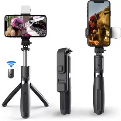 Rangwell Wireless Selfie Stick Stand Remote Flash Light All Smartphones Tripod, Tripod Kit, Monopod Kit Bluetooth Selfie Stick(Black, Remote Included)