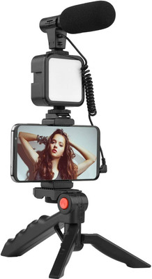 TECHGEAR Latest Video Vlogging Kit with Mic Light Tripod Phone Holder Remote Control Tripod Kit Bluetooth Selfie Stick(Black, Remote Included)