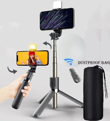 BUFONA R1s Bluetooth Selfie Sticks with Remote, Selfie Light, Multi-functional Stand Tripod, Monopod, Monopod Kit, Tripod Kit, Tripod Bracket, Tripod Clamp(Black, Supports Up to 600 g)