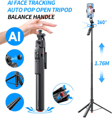 RETRACK TT07 1.76m Automatic Pop-Up open AI Face Tracking 360 Gimbal Selfie Stick Tripod(TT7_Black_1.76Meter Long, Supports Up to 100 g)
