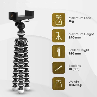 RECTITUDE Gorilla Mini TriPod with Phone Holder & Adjustable Pan Head for Smartphone Tripod(White/Black, Supports Up to 1000 g)