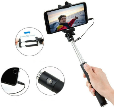 BUFONA Cable Selfie Stick Mobile Bluetooth Remote Wired Selfie Stand mobile holder Tripod, Monopod, Monopod Kit, Tripod Bracket, Tripod Clamp, Tripod Kit(Black, Supports Up to 600 g)