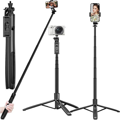 kaku Aluminum 61-inch/156cm Selfie Stick with Tripod Stand and Bluetooth Remote Tripod(Black, Supports Up to 1000 g)