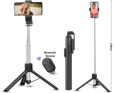 Zohlo 170-31cm Bluetooth Selfie Stick, tripod with BT Remote for photos, Videos Tripod(Black, Supports Up to 400 g)
