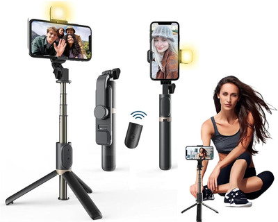 PunnkFunnk R1S 3-in-1 Selfie Stick Tripod with Wireless Bluetooth Remote & Extendable Rod for Smartphones | Travel Vlogging Stand Bluetooth Selfie Stick(Black, Remote Included)