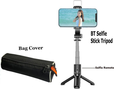 BUFONA 3-in-1 Mobile Stand Remote Bluetooth Selfie Stick with LED Fill Light+Carry Bag Tripod, Monopod, Monopod Kit, Tripod Ball Head, Tripod Clamp, Tripod Bracket, Tripod Kit(Black, Supports Up to 600 g)