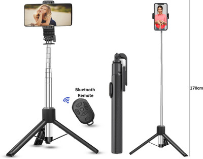 ANY KART Super Long 31-170cm 360°Selfie Stick with BT Remote for Videos(Replace battery) Tripod(Black, Supports Up to 400 g)