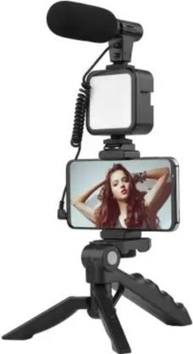 ModishOmbre Adjustable Vlogging Kit Camera Phone Tripod Led Light Selfie Stick Tripod, Tripod Bracket, Tripod Kit(Basic Lavalier Microphone Included, Black, Supports Up to 900 g)