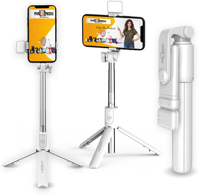 Pick Ur Needs Flash Light Tripod with Detachable Remote Bluetooth Selfie Stick(White, Remote Included)