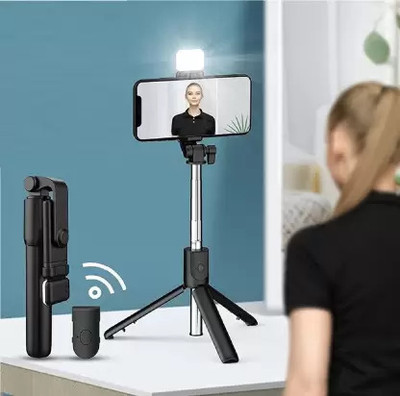 Infinite Digital Selfie Stick with Led Fill Light 104cm Extendable Selfie Stick_3 Tripod(Black, Supports Up to 400 g)